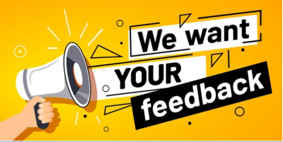 Image of bullhorn with "We want your feedback" written out.