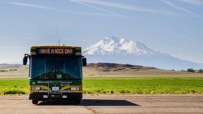 Bus in front of Mountain