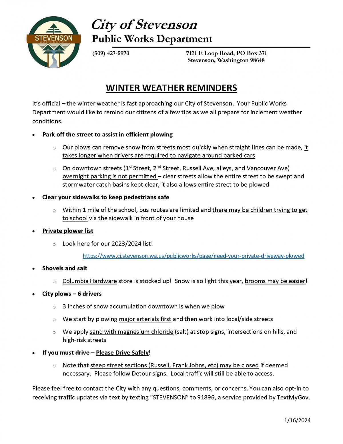 Winter Weather Press Release